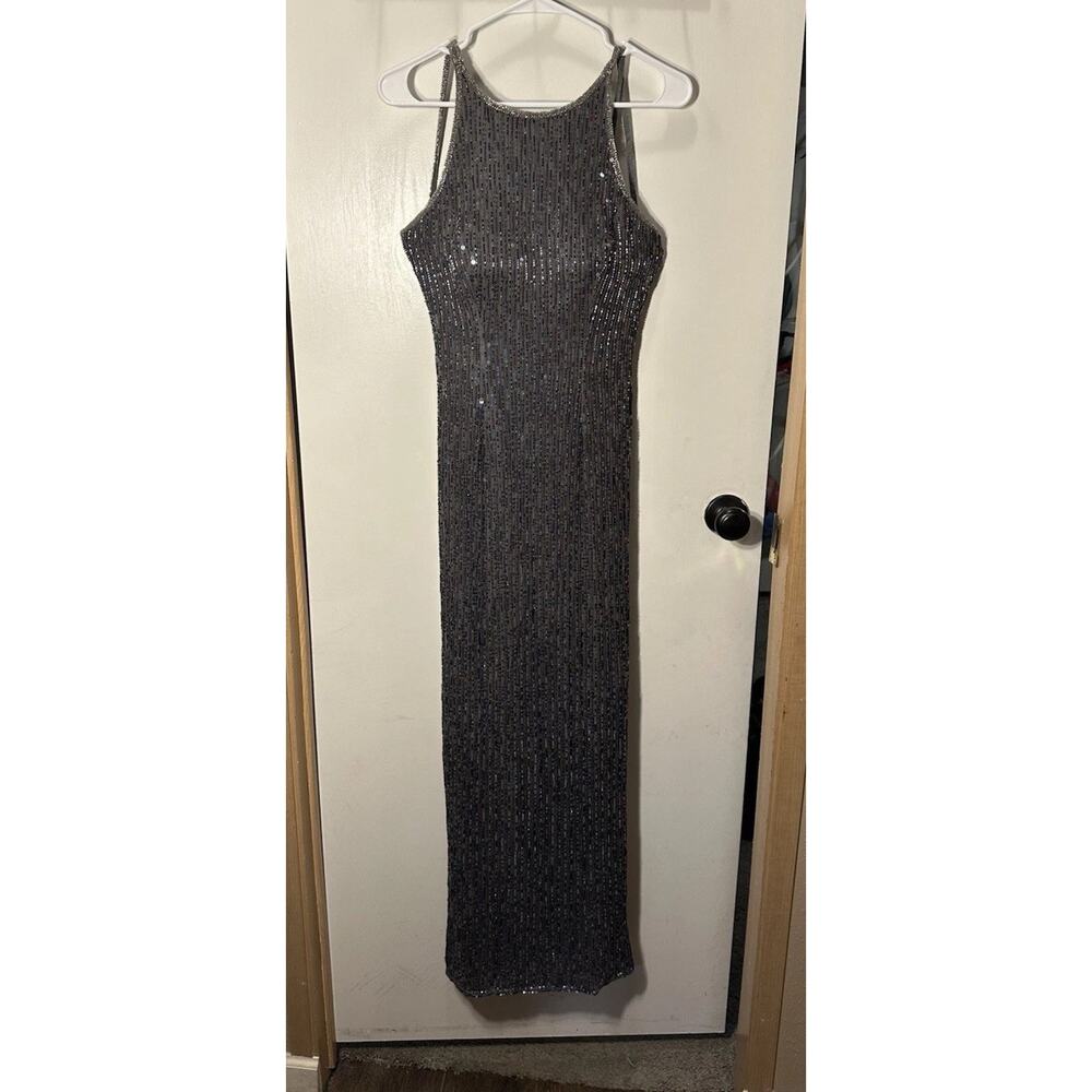 Scala 100% Silk Long Beaded Sequin Evening Gown Navy Blue SZ Small